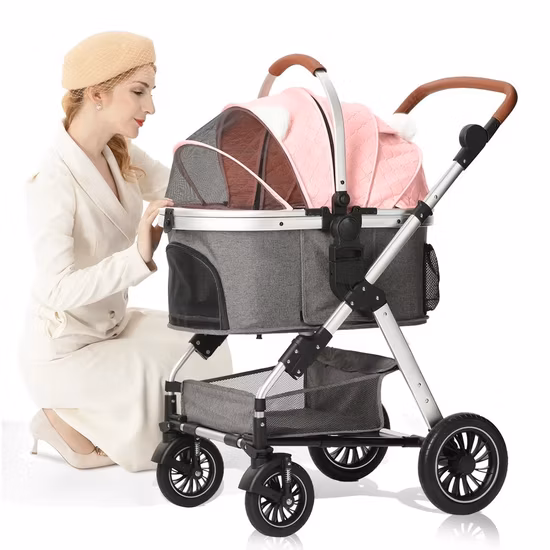 Puppy Pet Four Wheels Dog Jogger Cat Stroller Trolley, One-Click Folding Travel Pet Carrier Trolley Foldable Travel Carriage Cats Cart Pram (Grey) Esg16673