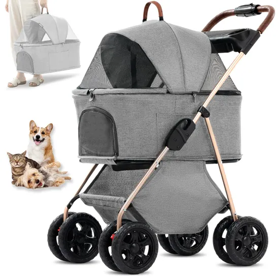 Puppy Pet Four Wheels Dog Jogger Cat Stroller Trolley, One-Click Folding Travel Pet Carrier Trolley Foldable Travel Carriage Cats Cart Pram (Grey) Esg16673