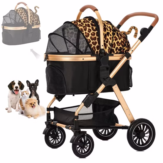 Puppy Pet Four Wheels Dog Jogger Cat Stroller Trolley, One-Click Folding Travel Pet Carrier Trolley Foldable Travel Carriage Cats Cart Pram (Grey) Esg16673
