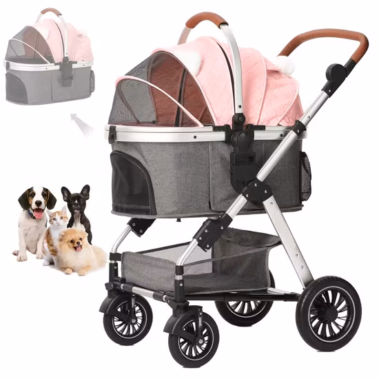 Puppy Pet Four Wheels Dog Jogger Cat Stroller Trolley, One-Click Folding Travel Pet Carrier Trolley Foldable Travel Carriage Cats Cart Pram (Grey) Esg16673